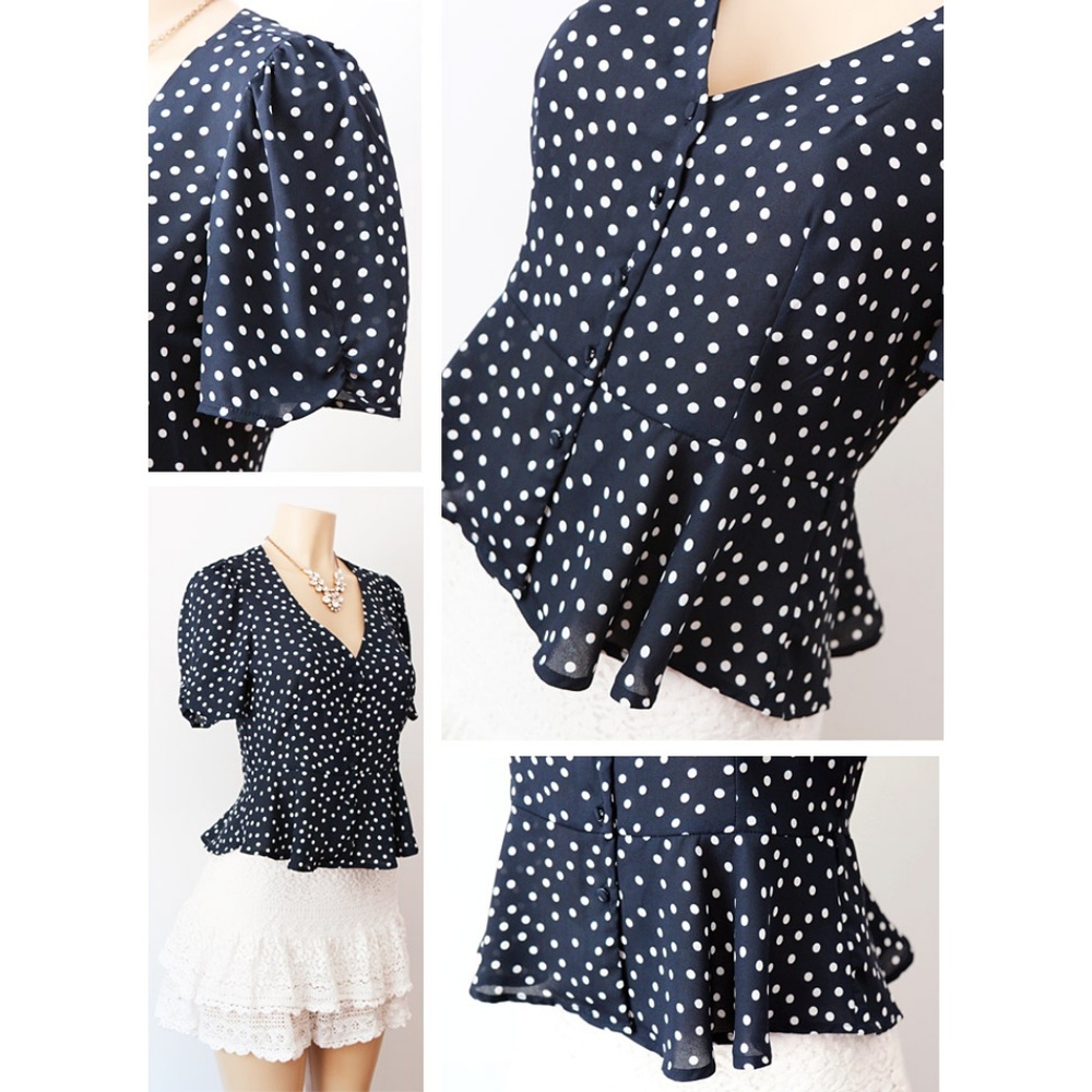 Navy Polka Dot Deep V Neck Button Peplum Shirt Top - Picture 5 of 8